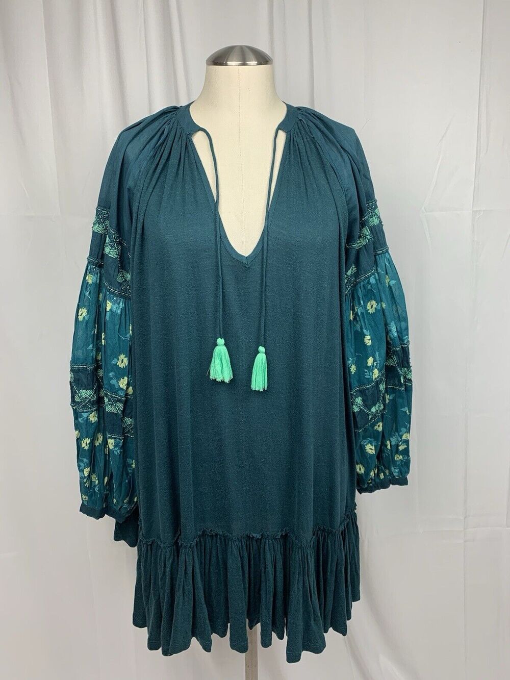Free People Mix It Up Tunic Dress Balloon Sleeve Teal Blue Green Size S BNWT